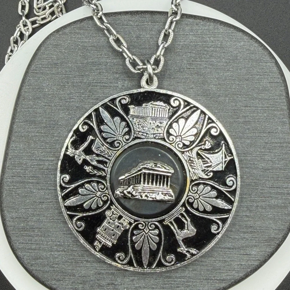 Greek Revival Parthenon Medallion Necklace Silver Tone Black Enamel Statement